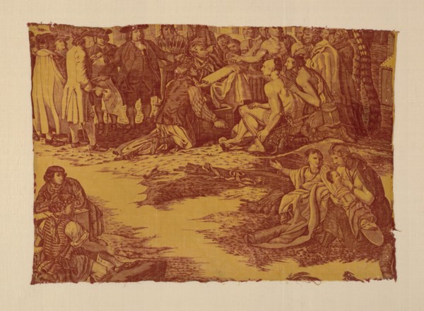 Fragment Entitled "William Penn's Treaty with the Indians", England, c. 1785. Quaker leader Penn in a meeting with Native Americans. After an engraving by John Hall after a painting by Benjamin West, ...