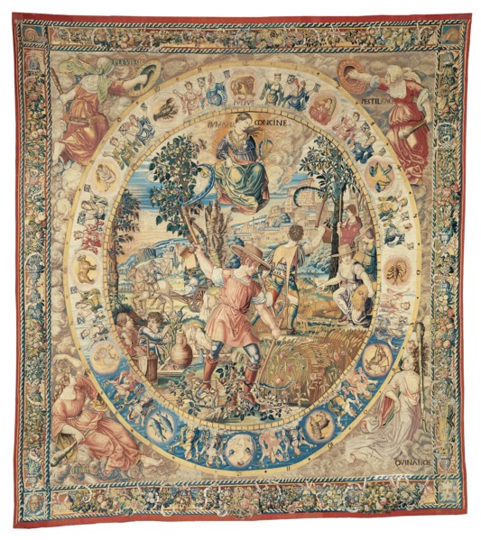 July, from The Medallion Months, Brussels, before 1528. Harvest scene with Runcina, the goddess of weeding or mowing in Roman mythology. In the circular frame are the signs of the zodiac. In the four ...