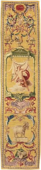 The Month of June/The Sign of Cancer, from The Grotesque Months, Paris, c. 1726. The god Mercury, a rooster, a goat, and miniature scene showing Mercury's betrayal and murder of the giant Argus. Woven...