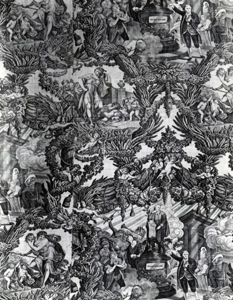 Garrick and Shakespeare with Tragedy and Comedy (Furnishing Fabric), England, c. 1790. Floral print with Shakespearean vignettes. Engraved by Caroline Watson after a painting by Robert Edge Pine.
