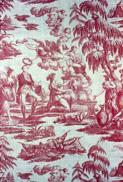 America Presenting at the Altar of Liberty Medallions of Her Illustrious Sons (Furnishing Fabric), England, c. 1785. After etchings by Pierre Eugène du Simitière.