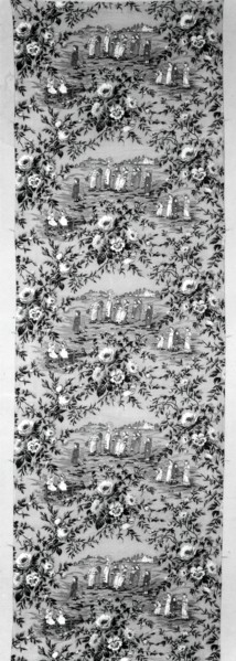 Panel (Furnishing Fabric), United States, c. 1880/90. Floral print with vignettes of girls in bonnets, after Kate Greenaway, engraved and printed by Edmund Evans.