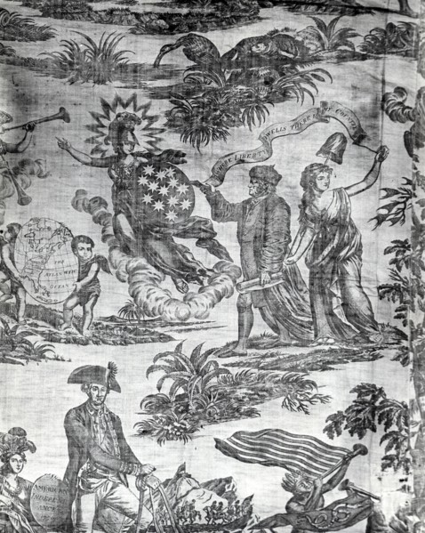 Apotheosis of Franklin (Furnishing Fabric), England, c.1785. Benjamin Franklin with the allegorical figures of America and Liberty. After a mezzotint by Valentine Green, and after a portrait by John T...