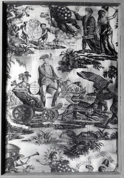 The Apotheosis of Washington and Franklin (Furnishing Fabric), England, c. 1785. George Washington drives a chariot pulled by leopards. The allegorical figure of American Independence is a passenger. ...