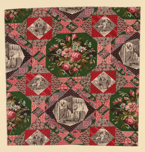 Fragment (Furnishing Fabric), England, After 1874. Floral print with vignette scenes from 'The Pickwick Papers' by Charles Dickens. After works by Hablot Knight Brown ('Phiz').