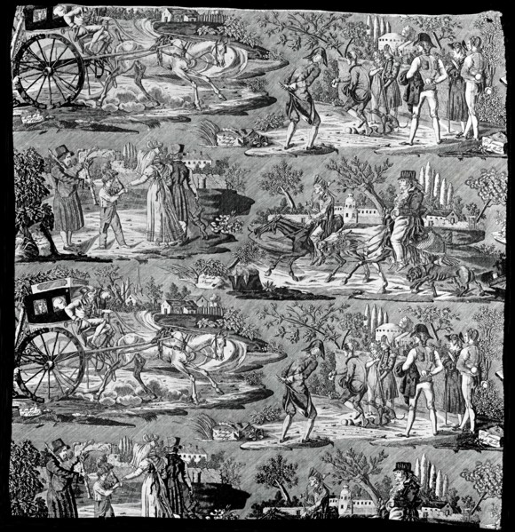 La Route de St. Cloud ou de Poissy (Furnishing Fabric), Nantes, 1822 or after. Designed by Carle Vernet and Delmès, engraved by Philibert Louis Debucourt after Vernet, manufactured by Favre Petitpierr...