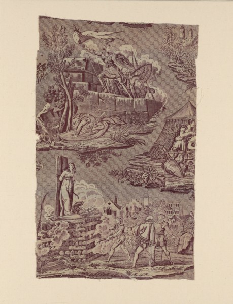 La Vie de Jeanne d'Arc (The Life of Joan of Arc) (Furnishing Fabric), France, c. 1815. Joan, wearing armour, conquers Britannia; Joan is burned at the stake. Designed by Charles Abraham Chasselat, pos...