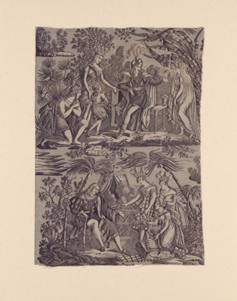 Le Romance du Cortés (The Song of Cortez) (Furnishing Fabric), Nantes, 1815. 'Cortez Recevoie une Esclave Sans Rançon', [Cortez Recieves a (female) Slave with no Ransom]; 'Cortez Refuse les presens de...