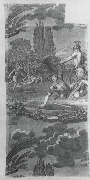 Le Combat des Horaces et des Curiaces (Furnishing Fabric), Nantes, c. 1820. Battle of the Horatii and Curiatii. Designed by Francois Pieters after engravings by Antoine Alexandre Morel after painting ...