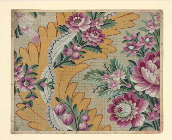 Mise-en-carte (Point-paper), France, 1787. Preparatory technical drawing for a patterned silk, instructions for the weaver. Designed by Germain Frères.