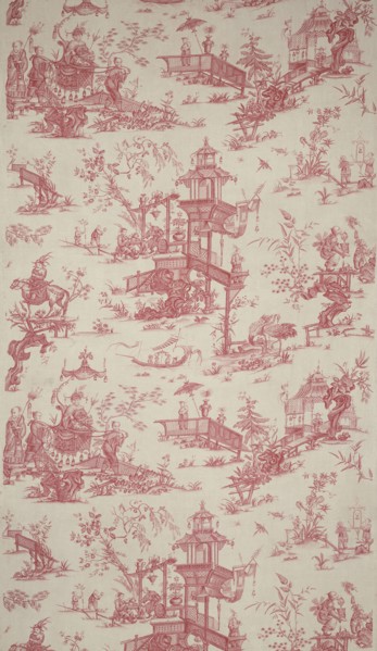 Panel (Furnishing Fabric), Nantes, c. 1786. Chinese-inspired pattern with teahouses, pagodas, exotic birds and nobles being carried in litters. Designed by Jean Baptiste Huët after Jean Baptiste Pille...