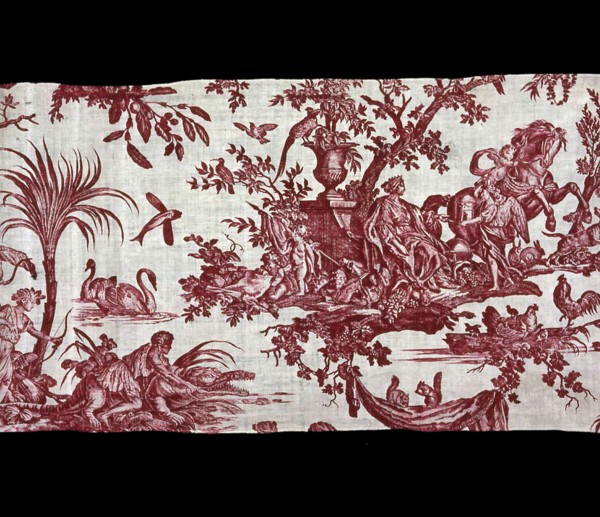Les Quatre Parties du Monde (Four Quarters of the Globe) (Furnishing Fabric), France, c.1794. Indigenous people with a crocodile or alligator; flying fish, swans and squirrels; Cupid presenting a mini...