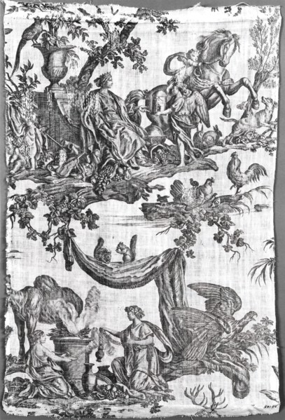 Les Quatre Parties du Monde (Four Quarters of the Globe) (Furnishing Fabric), France, c. 1785. Cupid presenting a miniature building to a woman in a crown; chickens and squirrels; vestal virgins makin...