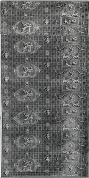 L'Amour Vainqueur (Love Triumphant) (Furnishing Fabric), France, c.1804. Neoclassical design with sheep, wolf, sphinxes, Venus and Cupid.  Designed by Jean Baptiste Huet or Hippolyte Lebas, manufactur...