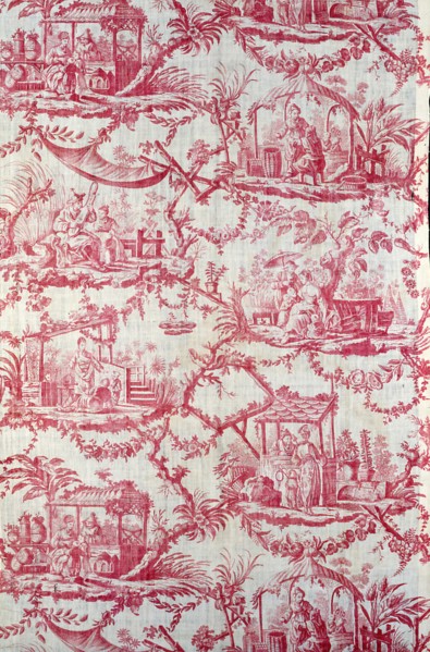 Chinoiseries (Furnishing Fabric), France, c. 1780. Chinese-influenced pattern, floral print with vignettes of people. Designed by Jean Baptiste Pillement after engravings by Pierre Charles Canot, Manu...