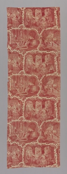 Furnishing Fabric, France, 1827/40. 'Leceister visitant Amy Robsart, [Robert Dudley, 1st Earl of Leicester visiting Amy Robsiart]. Marie Stuart et son secretaire, [Mary, Queen of Scots and her secreta...