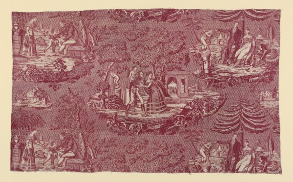 Panel (Furnishing Fabric), France, c. 1820. Pattern of couples in garden settings. One of the vignettes shows a funerary monument inscribed 'Ici Repose l'Epouse de Fiz-Henri', [Here lies the wife of F...