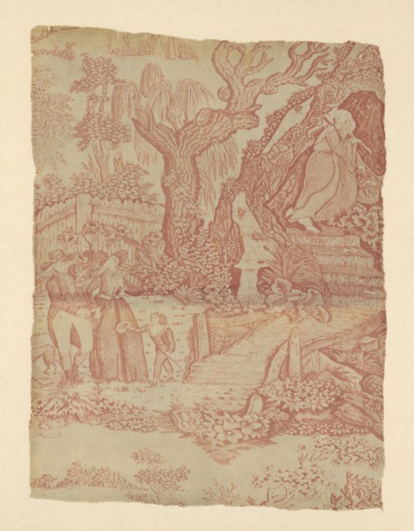 Changing Seasons (Furnishing Fabric), England, 1789/90. Saint or hermit by a waterfall, a family walking in the countryside.