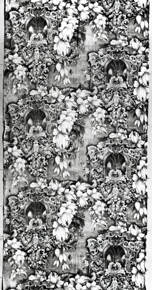 Panel (Furnishing Fabric), England, c. 1830. Floral print with Gothic church motif.