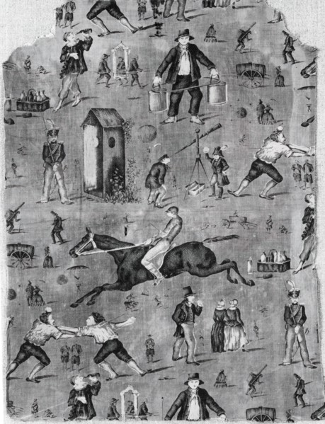 Panel (Furnishing Fabric), England, c. 1820. Occupations and pastimes: astronomy, duelling, horseracing, sentry duty, itinerant vendor.