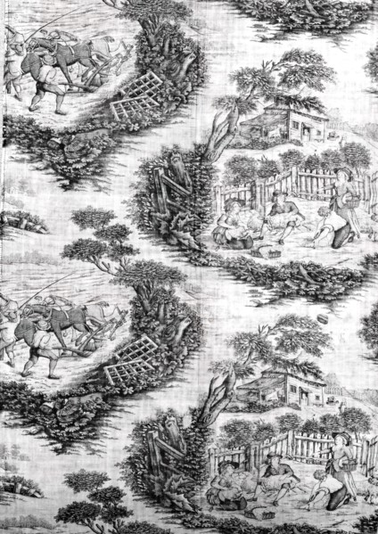 Panel (Furnishing Fabric), England, c. 1785. Rural scenes: sheep-shearing, ploughing.