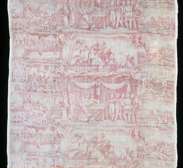 The Gallant Decatur and His Brave Tars Capturing the Algerine Admiral (Furnishing Fabric), England, c. 1820. Scenes from the Second Barbary War: American naval officer Stephen Decatur captured the fla...