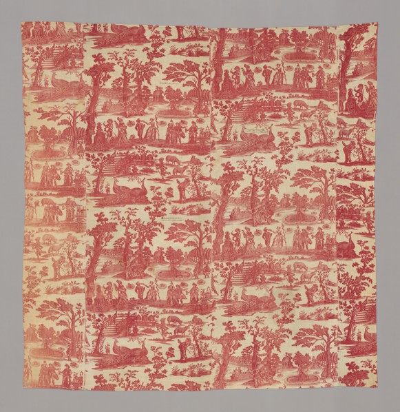Commedia del'Arte (Furnishing Fabric), England, before 1784. Characters and musicians including Pulcinella; peacocks, sheep and beehives; musicians; a garden with a fountain.