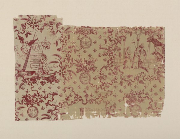 Le Bastille Demolité (Fall of the Bastille) (Furnishing Fabric), England, c. 1790. Tomb of Louis XVI; allegorical figures of Justice and Liberty.