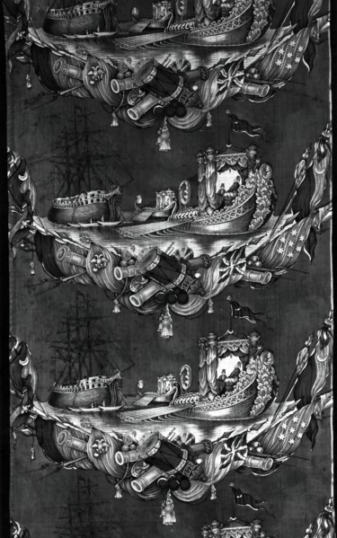 The Battle of Navarino (Furnishing Fabric), England, c. 1827. Sailing ship and galley.