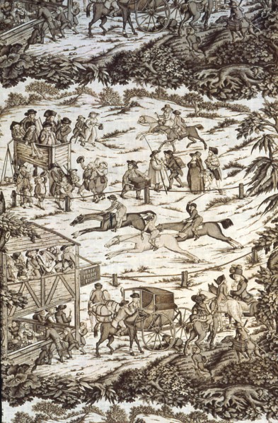 The Turf Inn (Furnishing Fabric), England, c. 1785. Horseracing: spectators; jockeys and horses; carriages arriving at the tavern.