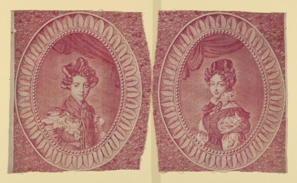 Panels (Furnishing Fabric), Munster, c. 1830. Two fragments featuring young women with elaborate hairstyles. Engraved by François Pieters, manufactured by Hartmann et Fils.