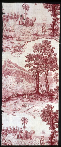 Tenian (Furnishing Fabric), Middlesex, c. 1785. Scenes in Tinian, Northern Mariana Islands, Micronesia. Engraved by Herman van Swanelvelt after George Anson, manufactured by Bromley Hall.