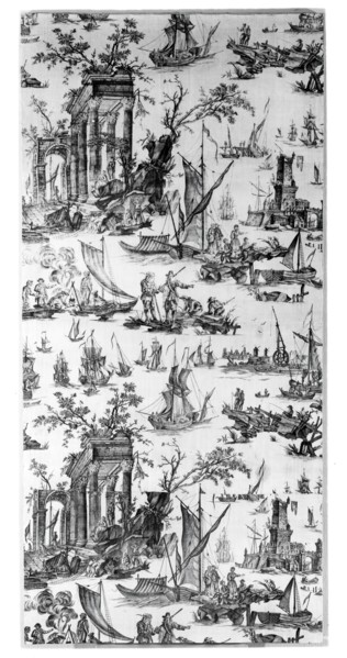 Le Port de Mer (The Seaport) (Furnishing Fabric), Nantes, c. 1780. Engraved by Jean Jacques Le Veau