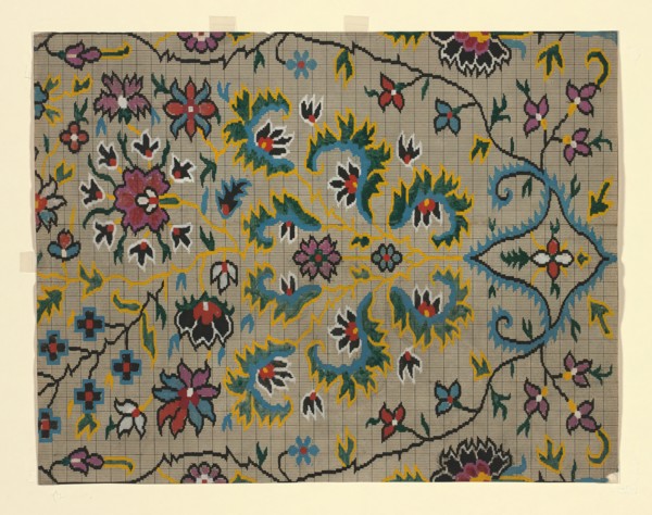 Mise-en-carte (Point-paper), France, 1760/90. Preparatory technical drawing for a patterned silk, instructions for the weaver.