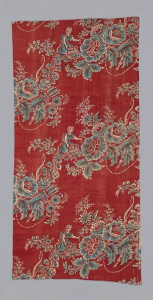 Eros Gathering Flowers (Furnishing Fabric), Bolbec, c. 1800. Floral print with motifs of bow and quiver, and the god of love picking flowers.