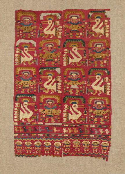 Panel, Peru, 1000/1476. Human figures and birds wearing crescent headdresses.