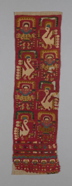 Panel, Peru, 1000/1476. Human figures and birds wearing crescent headdresses.