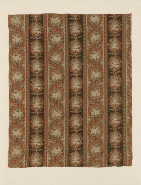Panel (Furnishing Fabric), New Hampshire, c. 1876. Floral print with patriotic motifs: US flag, Liberty Bell and Cap, eagle, drums, cannon. Manufactured by Cocheco Cotton Manufacturing Company.