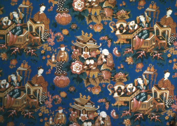 A Chinese Tea Party (Furnishing Fabric), Manchester, c. 1854. Chinese-inspired design. Manufactured by Daniel Lee & Co.
