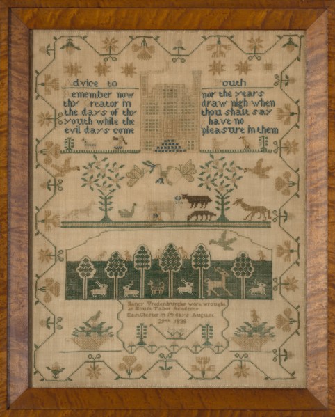 Sampler, New York, 1838. 'Advice to Youth; Remember now thy Creator in the days of thy youth while the evil days come; nor the years draw nigh when thou shalt say I hae no pleasure in them'. [Ecclesia...