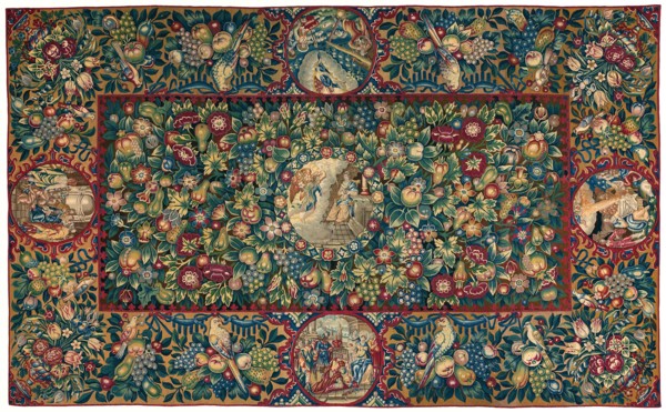 Table Carpet (Depicting Scenes from the Life of Christ), Netherlands, 1600/50. The Circumcision in the Temple, the Angel announcing the birth of Christ to the Shepherds, the Three Wise Men, the Annunc...