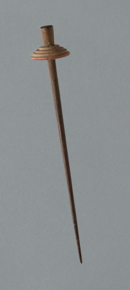 Wooden Spindle with Ceramic Whorl, Peru, 1000/1476.