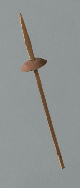 Wooden Spindle with Ceramic Whorl, Peru, 1000/1476.