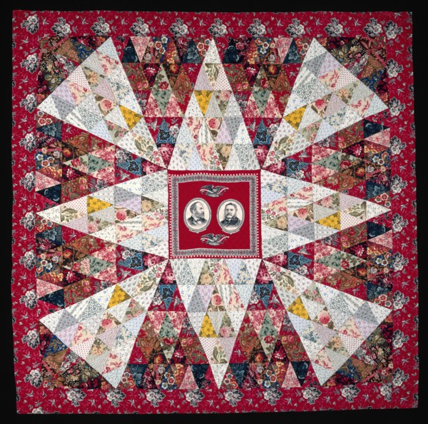 Garfield and Arthur Quilt, Pennsylvania, c. 1880. Patchwork quilt featuring a promotional handkerchief with portraits of James A. Garfield and Chester B. Arthur who ran for, and won, the 1880 US elect...