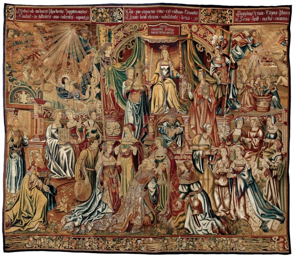 Justitia (Justice) from Los Honores, Flanders, 1525/32. Presumably after a design by Bernard van Orley. Top left corner and center of lower section possibly produced at the workshop of Pieter van Aels...