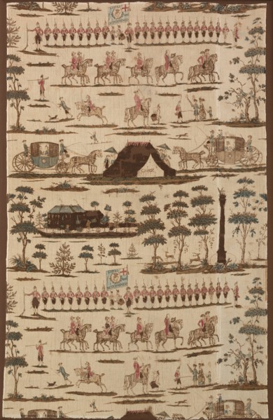 The Irish Volunteers (Furnishing Fabric), Kildare, 1782. Soldiers on parade, flag reading 'Loyal and Determined'. Probably designed by Gabriel Beranger, printed by Thomas Harpur.