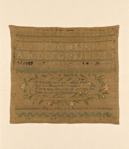 Sampler, United States, 1808. 'Friendship to every willing mind; Opens Heavenly treasure; There may the sons of sorrow find; Sources of real pleasure'.