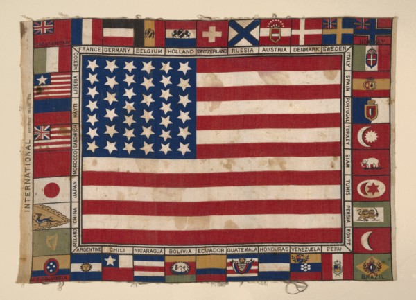 Panel (Furnishing Fabric), United States, 1876. The stars and stripes, borderd by flags of many nations.