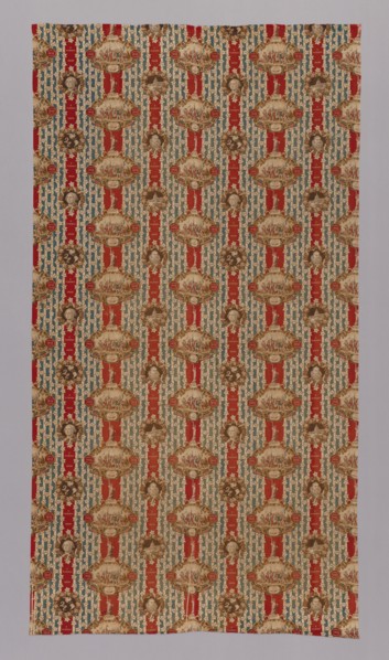 Panel (Furnishing Fabric), United States, 1892/93. Stars and stripes pattern, with patriotic symbols and vignettes: '1492, America Discovered'; '1892, World's Fair Chicago', Statue of Liberty, portrai...