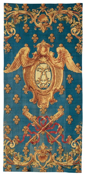 Chancellerie, France, 1718/21. Winged crest and crossed maces on a ground of fleurs de lis. Woven at the Manufacture Royale des Gobelins.
